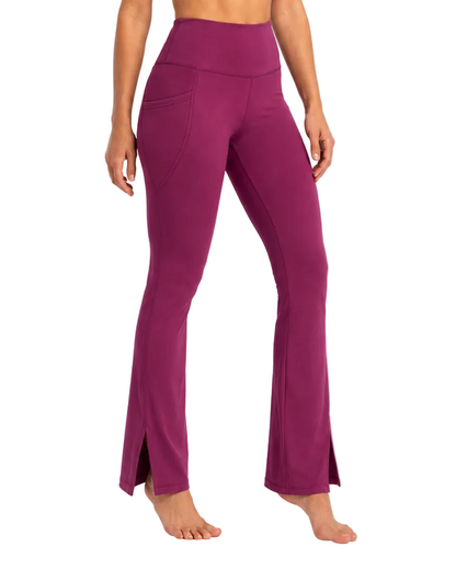 New York Laundry Women's High-Waisted Flare Yoga Pants with Side Pockets and Hem Slits, Purple