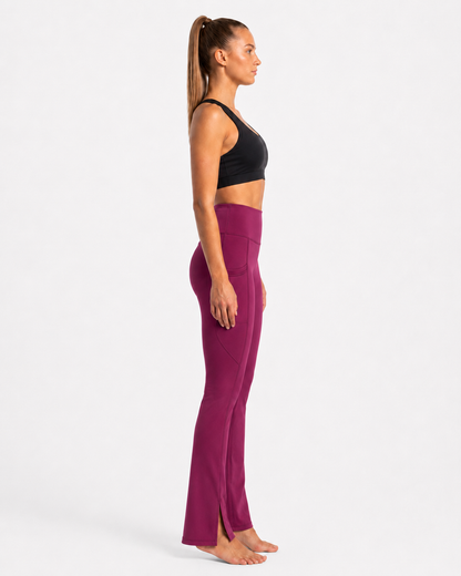 New York Laundry Women's High-Waisted Flare Yoga Pants with Side Pockets and Hem Slits, Purple