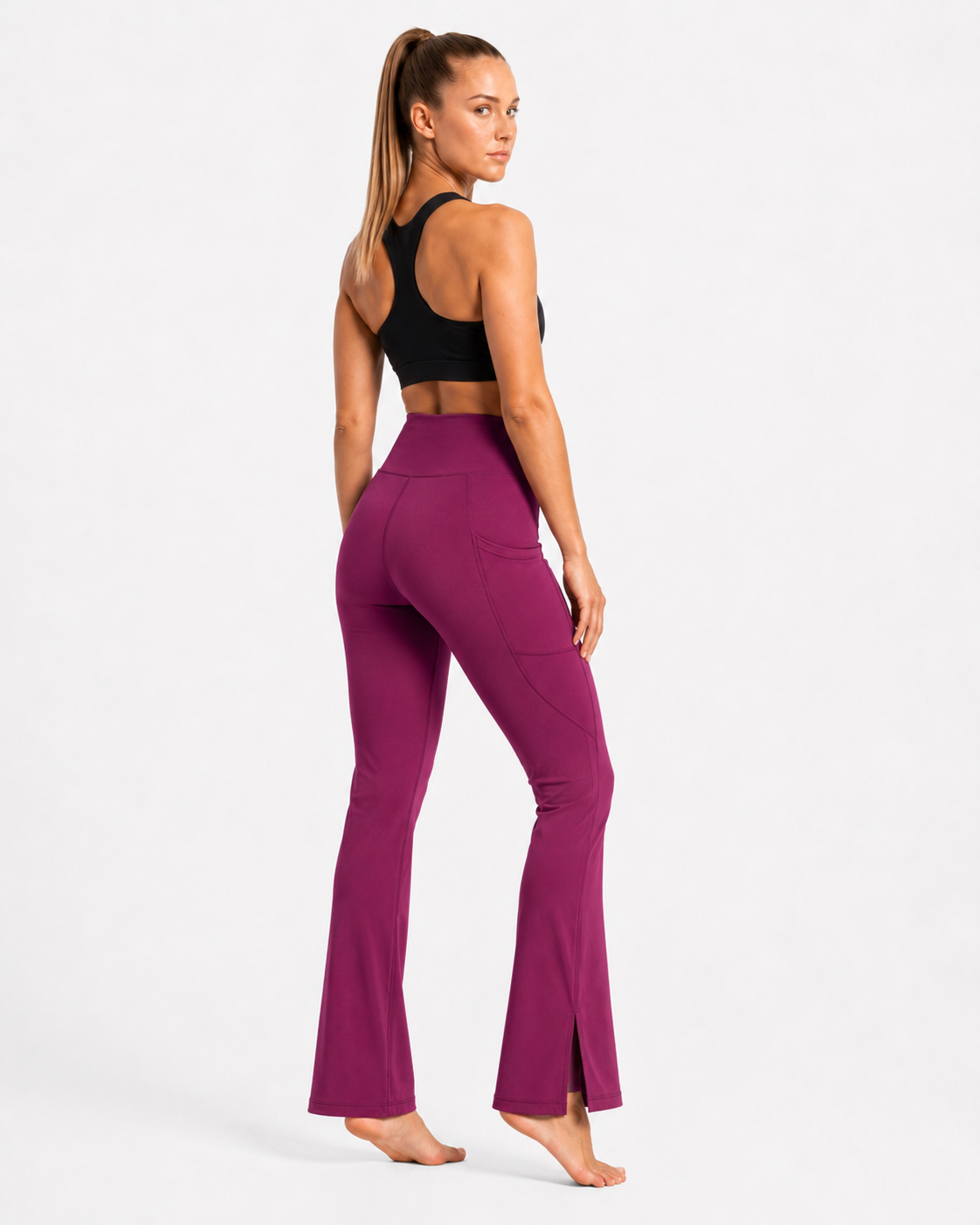 New York Laundry Women's High-Waisted Flare Yoga Pants with Side Pockets and Hem Slits, Purple