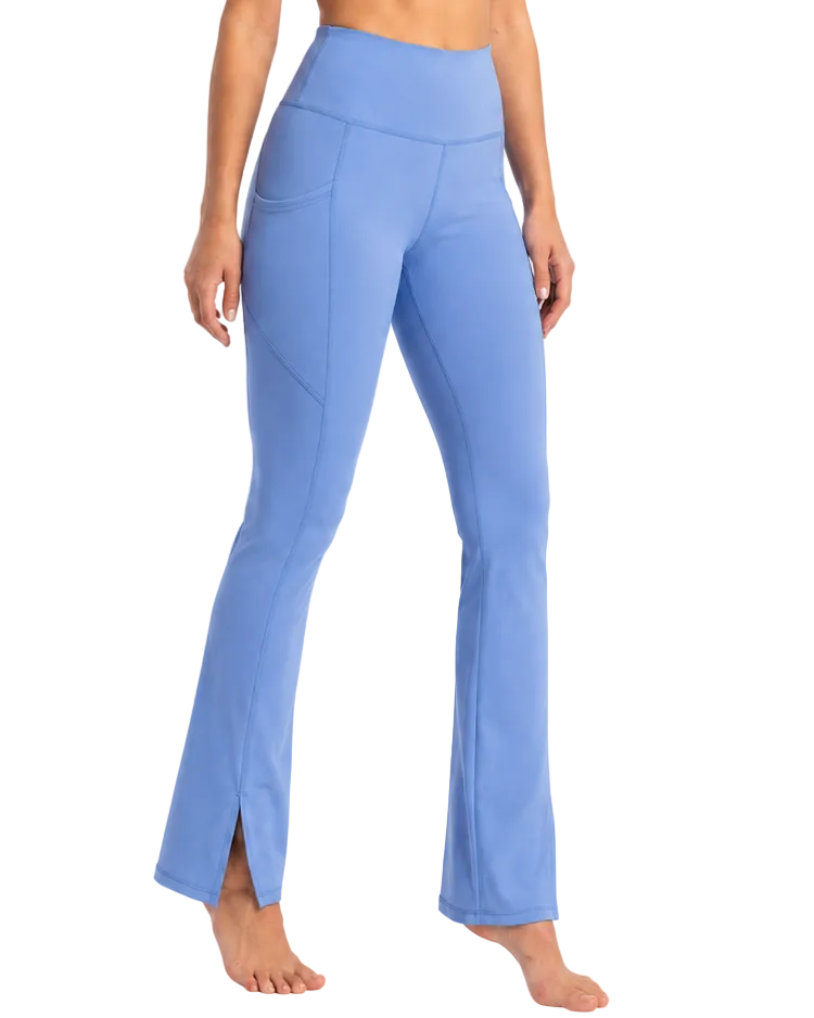 New York Laundry Women's High-Waisted Flare Yoga Pants with Side Pockets and Hem Slits, Periwinkle Blue