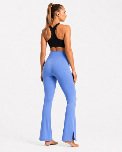 New York Laundry Women's High-Waisted Flare Yoga Pants with Side Pockets and Hem Slits, Periwinkle Blue