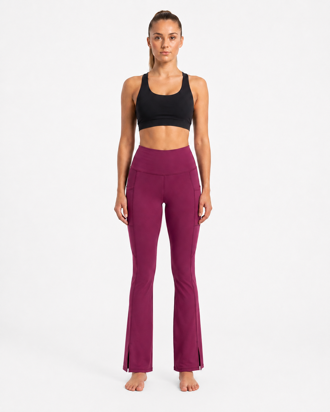 New York Laundry Women's High-Waisted Flare Yoga Pants with Side Pockets and Hem Slits, Purple