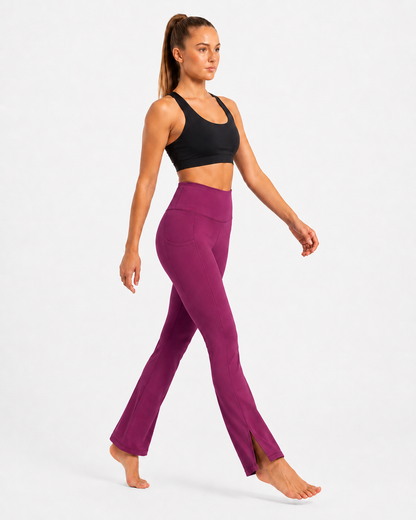 New York Laundry Women's High-Waisted Flare Yoga Pants with Side Pockets and Hem Slits, Purple