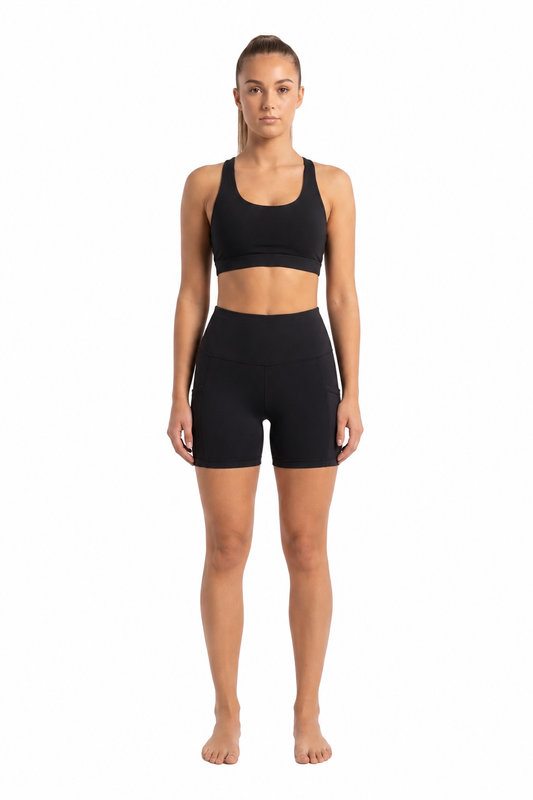 New York Laundry Women's High-Waisted Athletic Workout Set with 5" Biker Shorts, Black