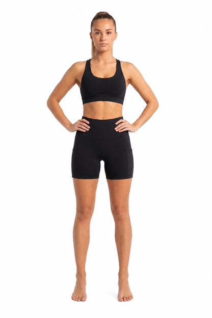 New York Laundry Women's High-Waisted Athletic Workout Set with 5" Biker Shorts, Black