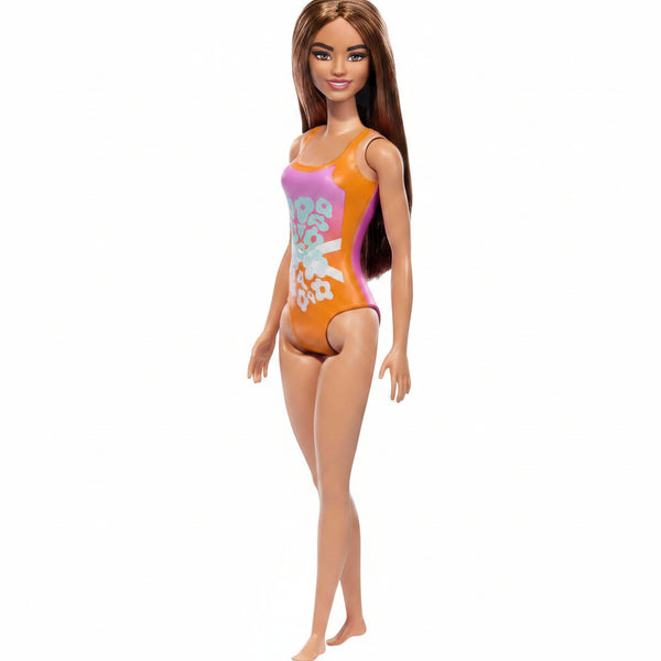 Beach Barbie Doll with Light Brown Hair Wearing Tropical Pink and Orange Swimsuit