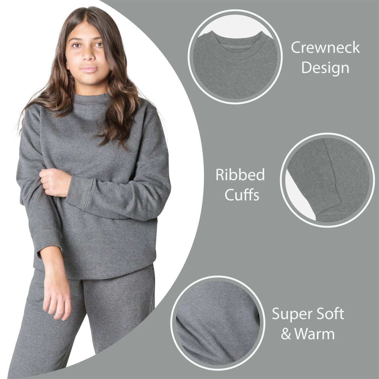 EVERYDAY KIDS Girls’ Fleece Charcoal Gray Crewneck Sweatshirt