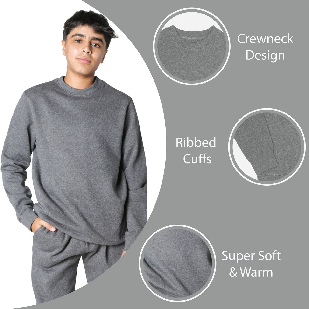 EVERYDAY KIDS Boys’ Fleece Charcoal Gray Crewneck Sweatshirt