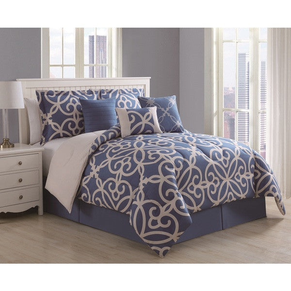 Eliza 7-piece Scroll Denim/ Ivory Comforter Set (Cal King)
