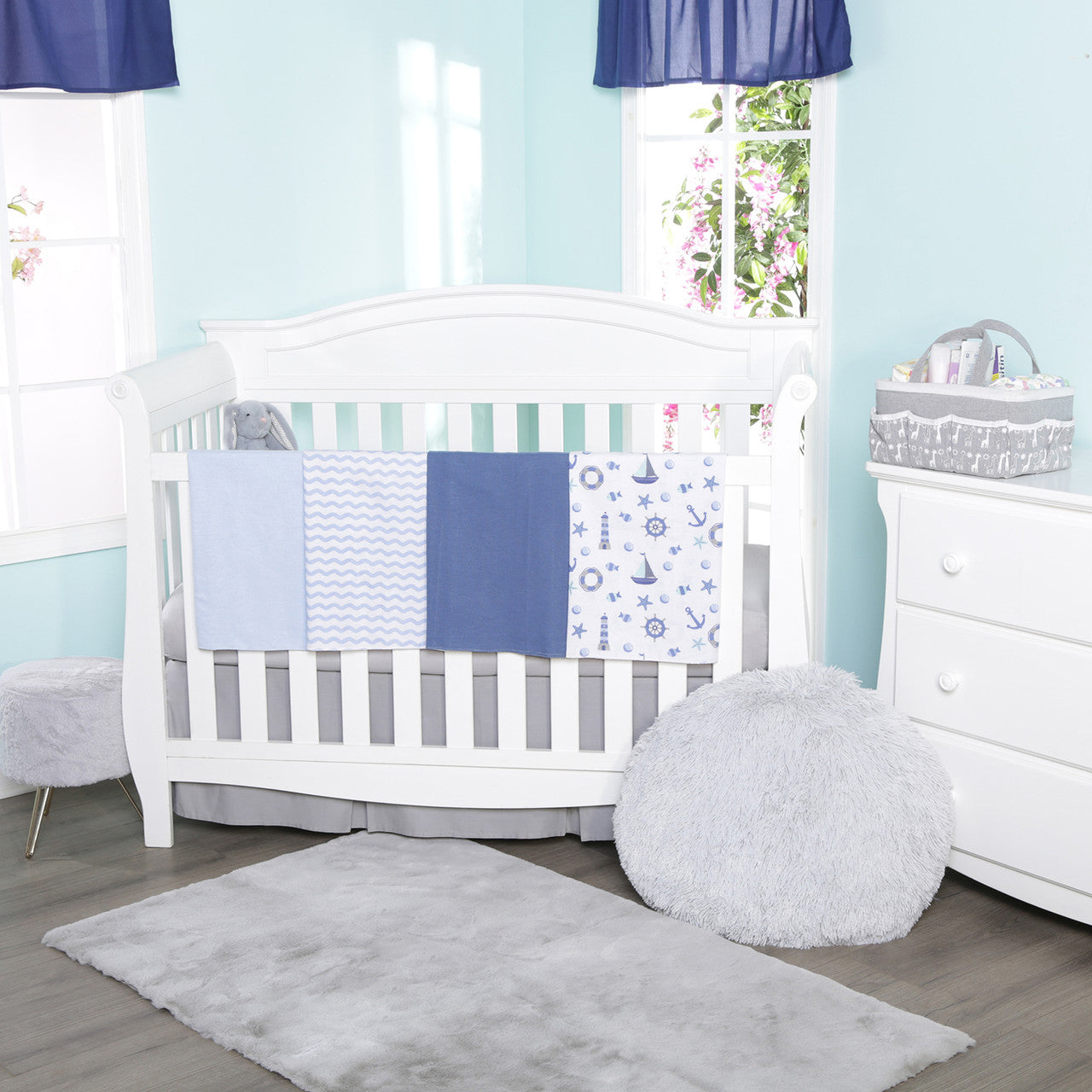 EVERYDAY KIDS 4 Pack Flannel Receiving Baby Blanket Set - Nautical/Wavy Stripes