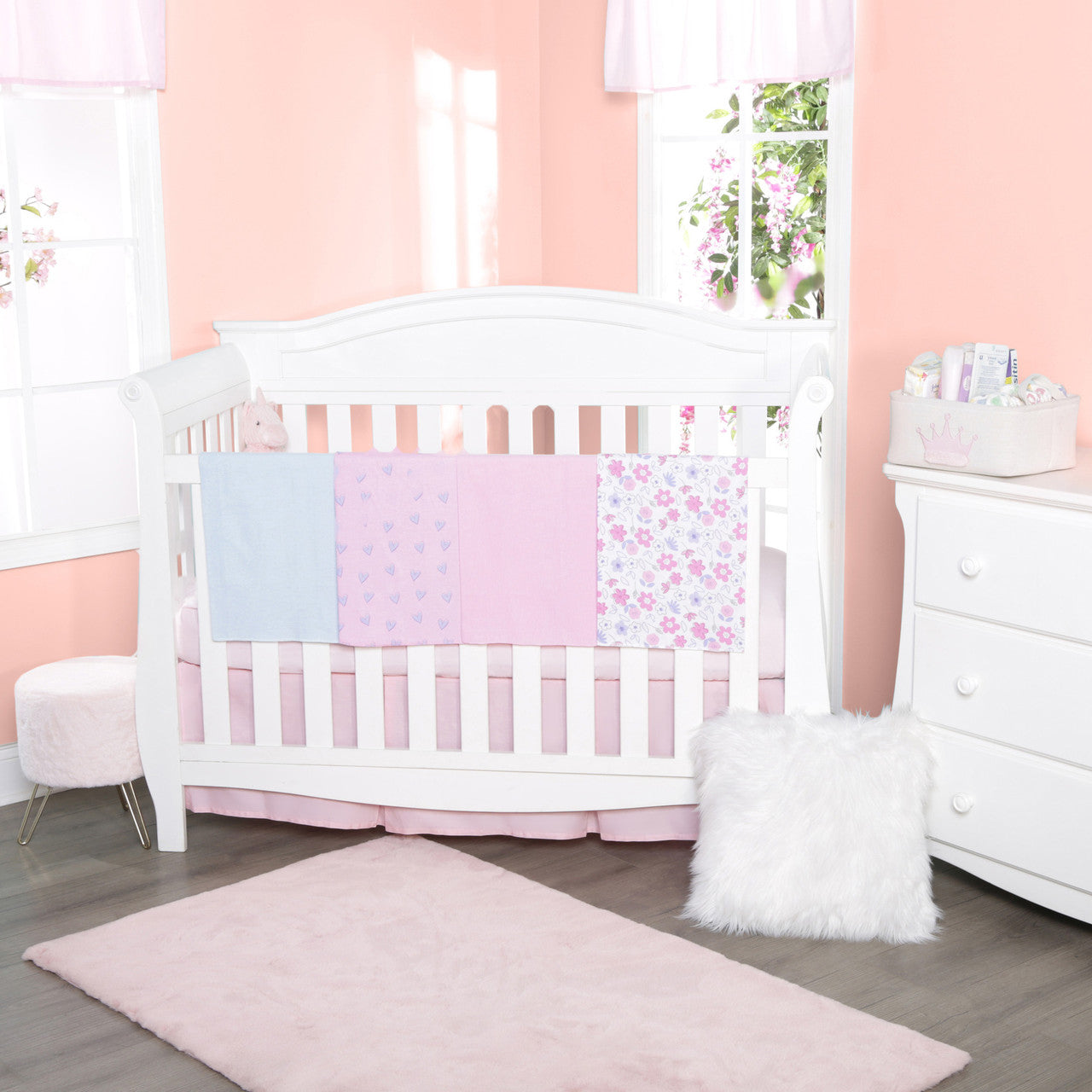 EVERYDAY KIDS 4 Pack Flannel Receiving Baby Blanket Set - Pink Flowers/Hearts