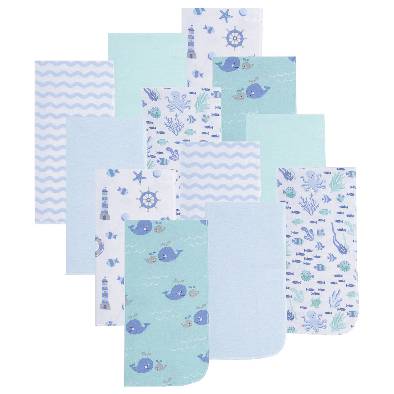 EVERYDAY KIDS 12 Pack Burp Cloths - Ocean/Boats/Whales
