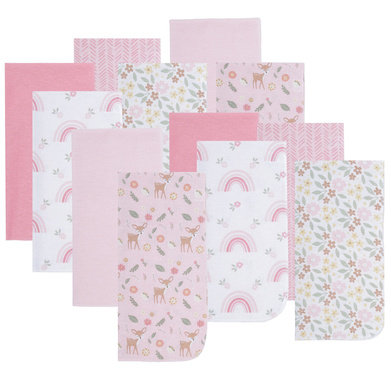 EVERYDAY KIDS 12 Pack Burp Cloths - Woodland/Flowers/Rainbow