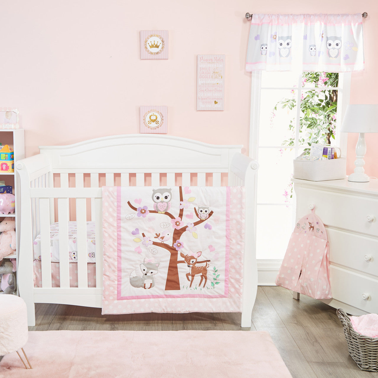 EVERYDAY KIDS 4 Piece Girls Crib Bedding Set - Woodland Owls
