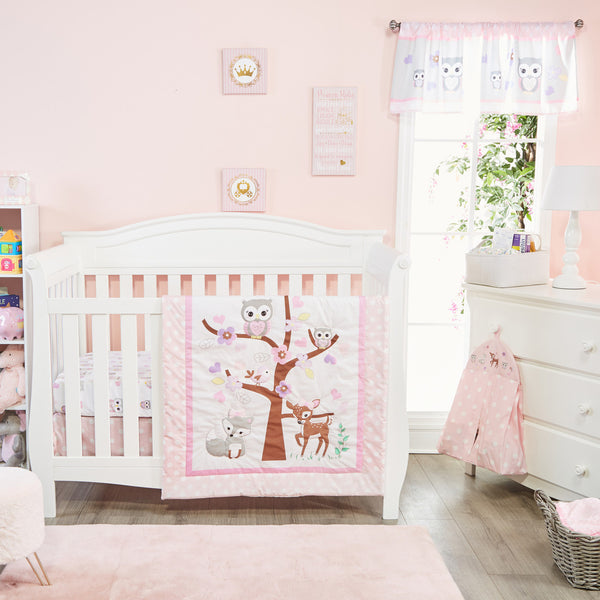 EVERYDAY KIDS 4 Piece Girls Crib Bedding Set - Woodland Owls