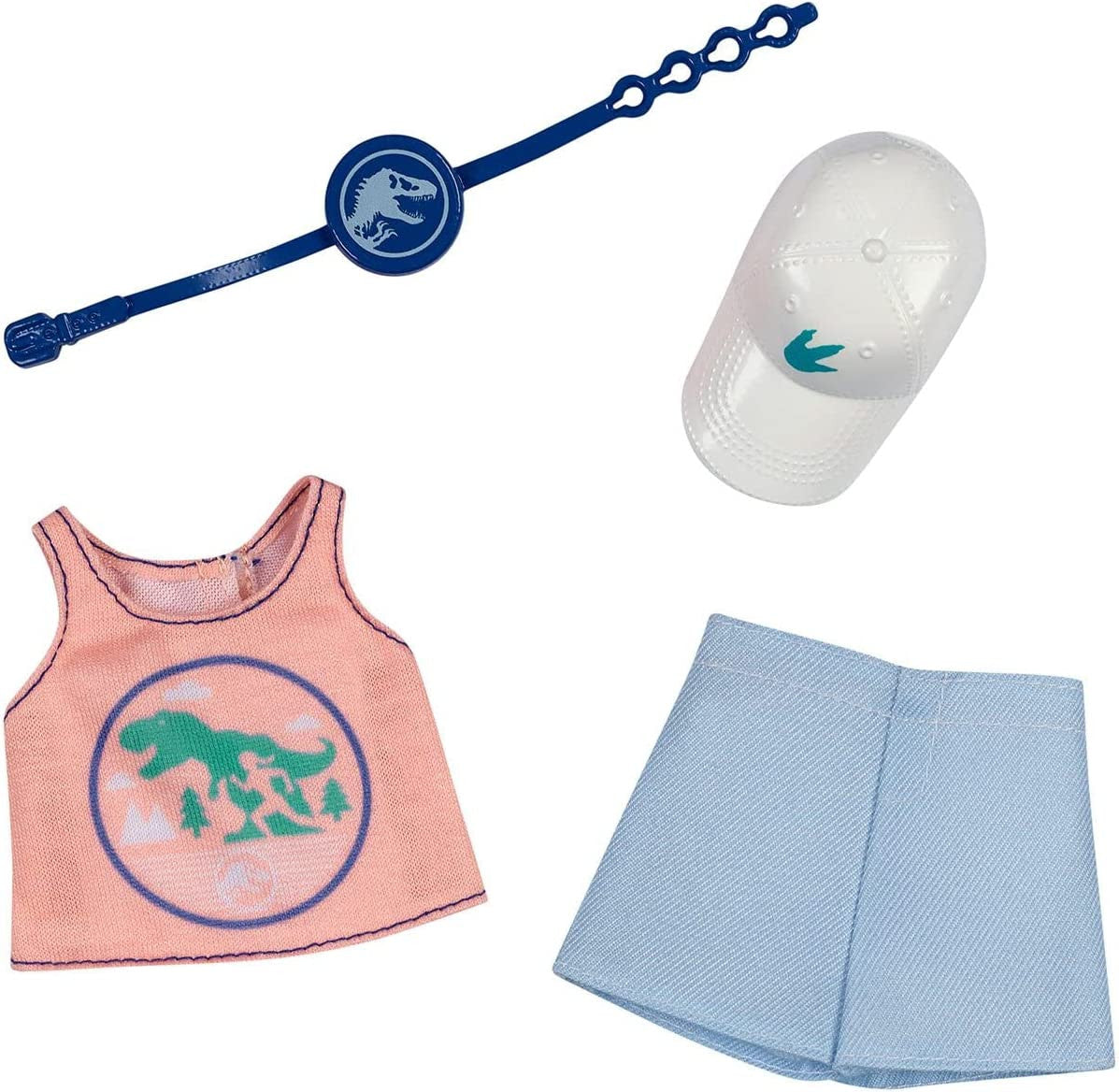 Barbie Doll Clothes, Inspired By Jurassic World: Dominion,  Pink Tank Top, Blue Short & 2 Accessories