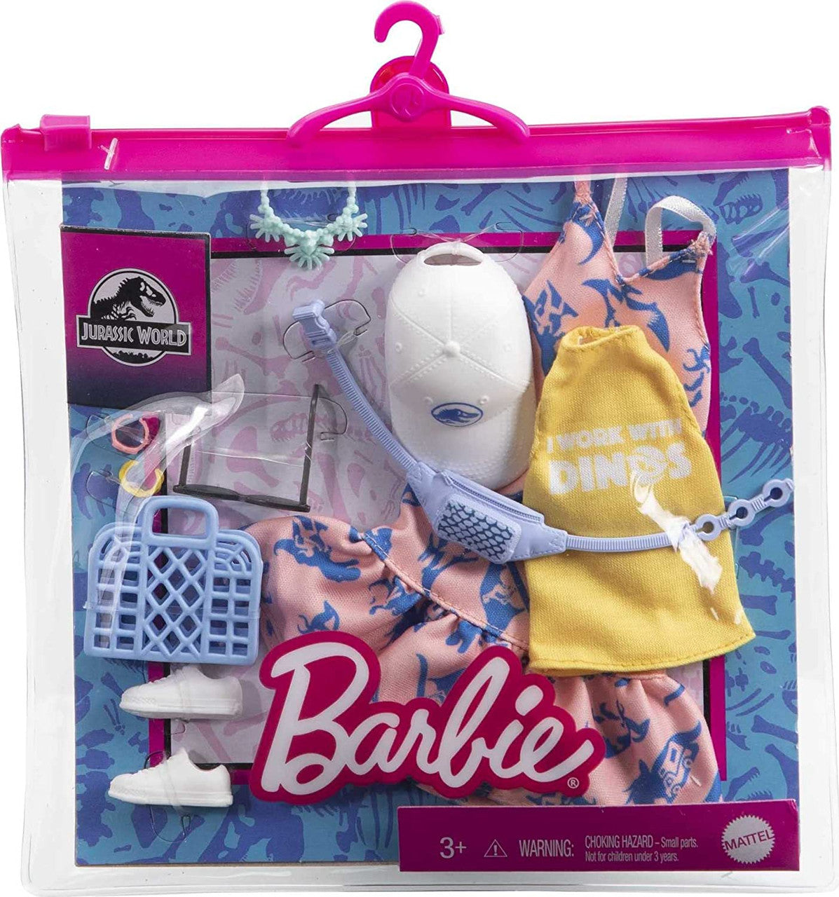 Barbie Jurassic World Storytelling-Pink Dress with Dinosaur, Yellow Shirt