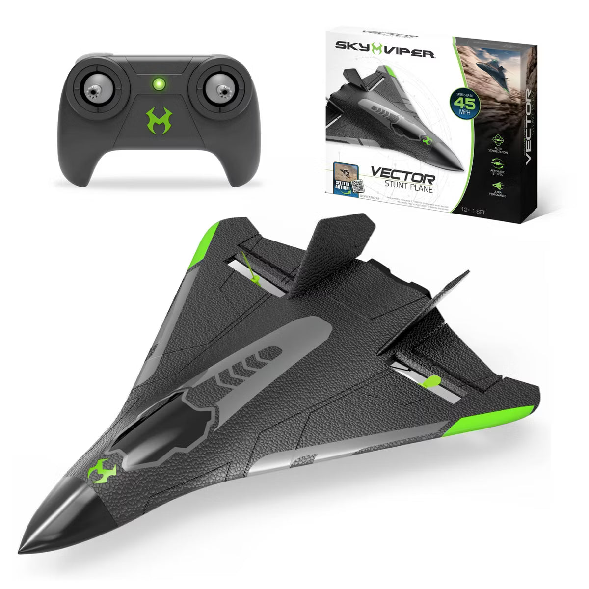 Sky Viper Vector Performance RC Stunt Plane, High-Speed 45 MPH Remote Control Jet with Auto-Stabilization & 1-Touch Aerobatics, Ages 12+