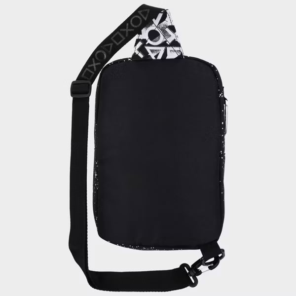 PlayStation PS5 DualSense Controller Sling Backpack, Official Sony Japanese Katakana Crossbody Travel Bag, Black, White and Neon Blue