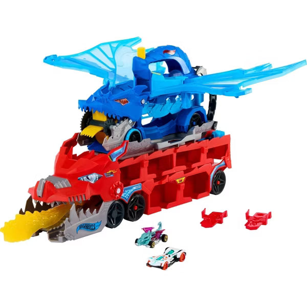 Hot Wheels City Ultimate Dual Dragon Transporter Playset with 2 Dragons and 2 Toy Cars, Transforming Launcher and Storage Carrier Toy