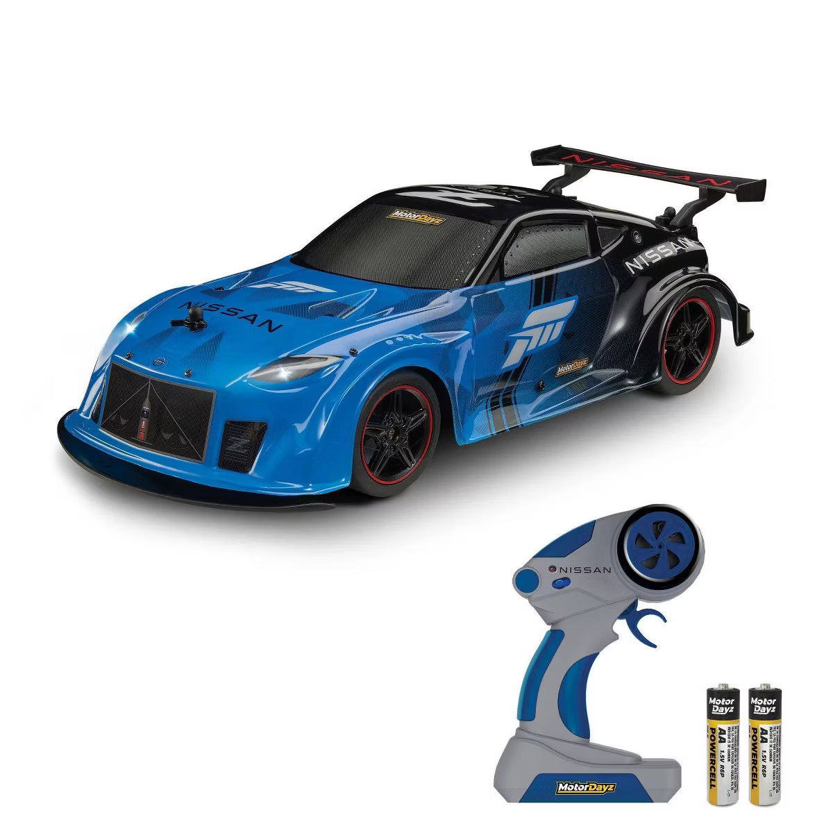 MotorDayz Nissan Remote Control Car Blue and Black Racing Style RC Car with Pistol Grip Controller and Rear Spoiler for Kids