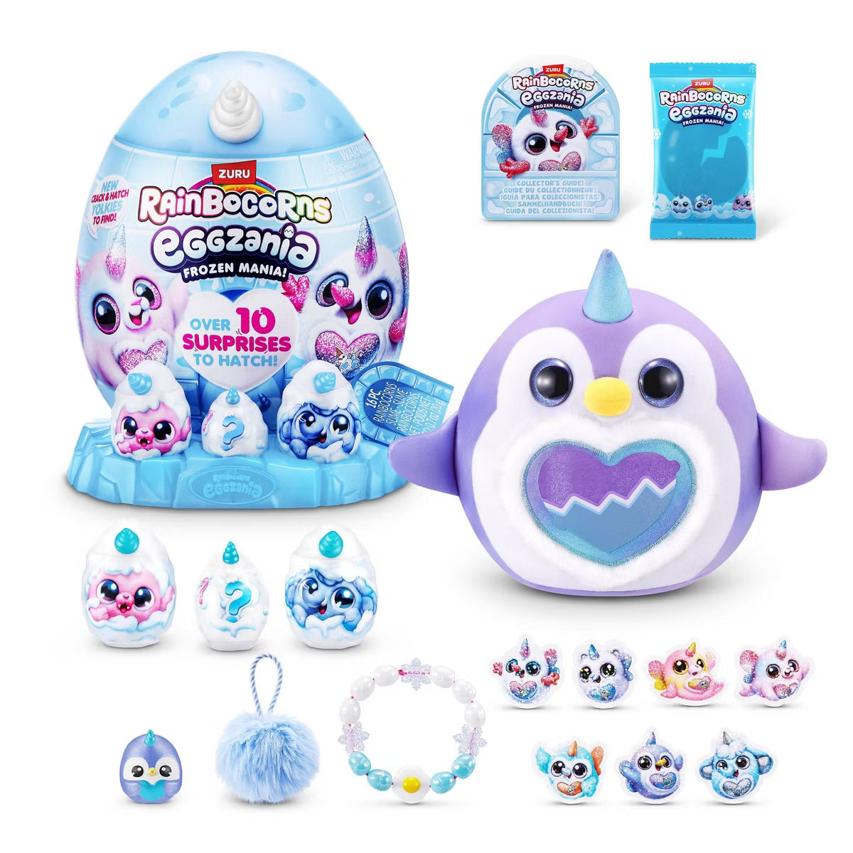 ZURU Rainbocorns Eggzania Frozen Mania Series Surprise Plush, Collectible Mystery Egg with Over 10 Surprises, Penguin Plush, Yolkies & DIY Jewelry, Ages 3+
