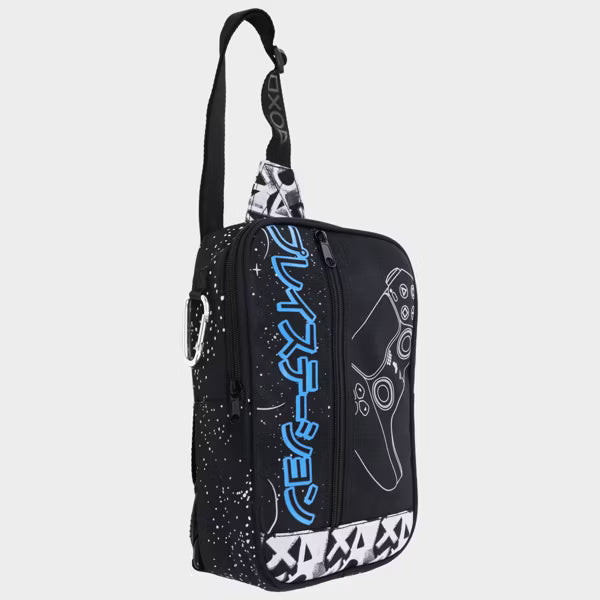 PlayStation PS5 DualSense Controller Sling Backpack, Official Sony Japanese Katakana Crossbody Travel Bag, Black, White and Neon Blue