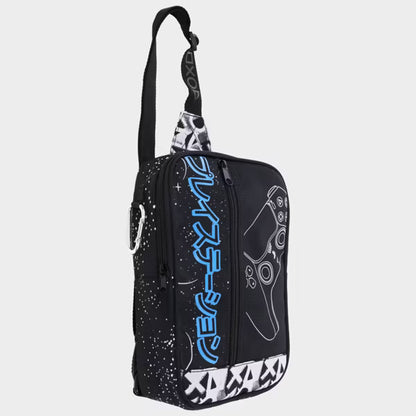 PlayStation PS5 DualSense Controller Sling Backpack, Official Sony Japanese Katakana Crossbody Travel Bag, Black, White and Neon Blue