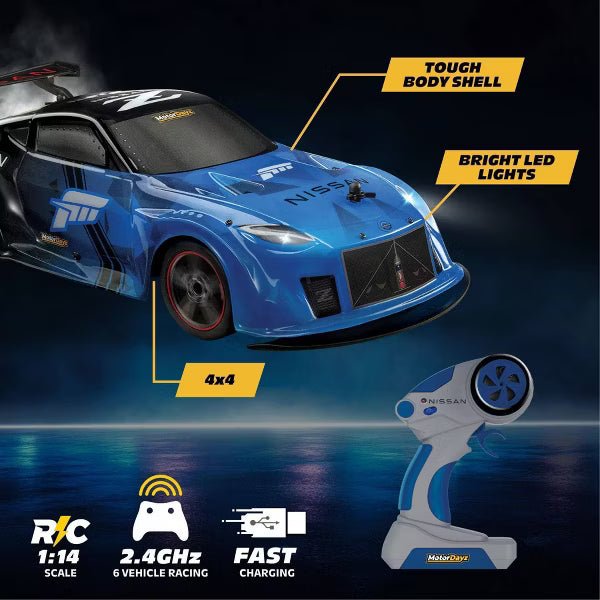 MotorDayz Nissan Remote Control Car Blue and Black Racing Style RC Car with Pistol Grip Controller and Rear Spoiler for Kids