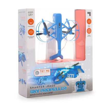 Sharper Image Sky Propeller Remote Control Quadcopter Drone, Rechargeable RC Airplane with Flight Assist, LED Lights & Blade Guards, Blue, Ages 14+