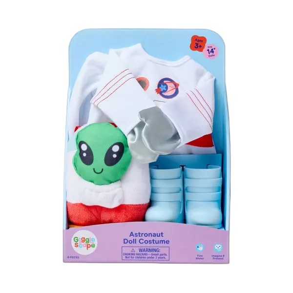 Gigglescape 14" Baby Doll Astronaut Costume Outfit, 8-Piece Space Suit Dress-Up Set with Boots, Gloves & Plush Alien, Fits 14-Inch Dolls, Ages 3+