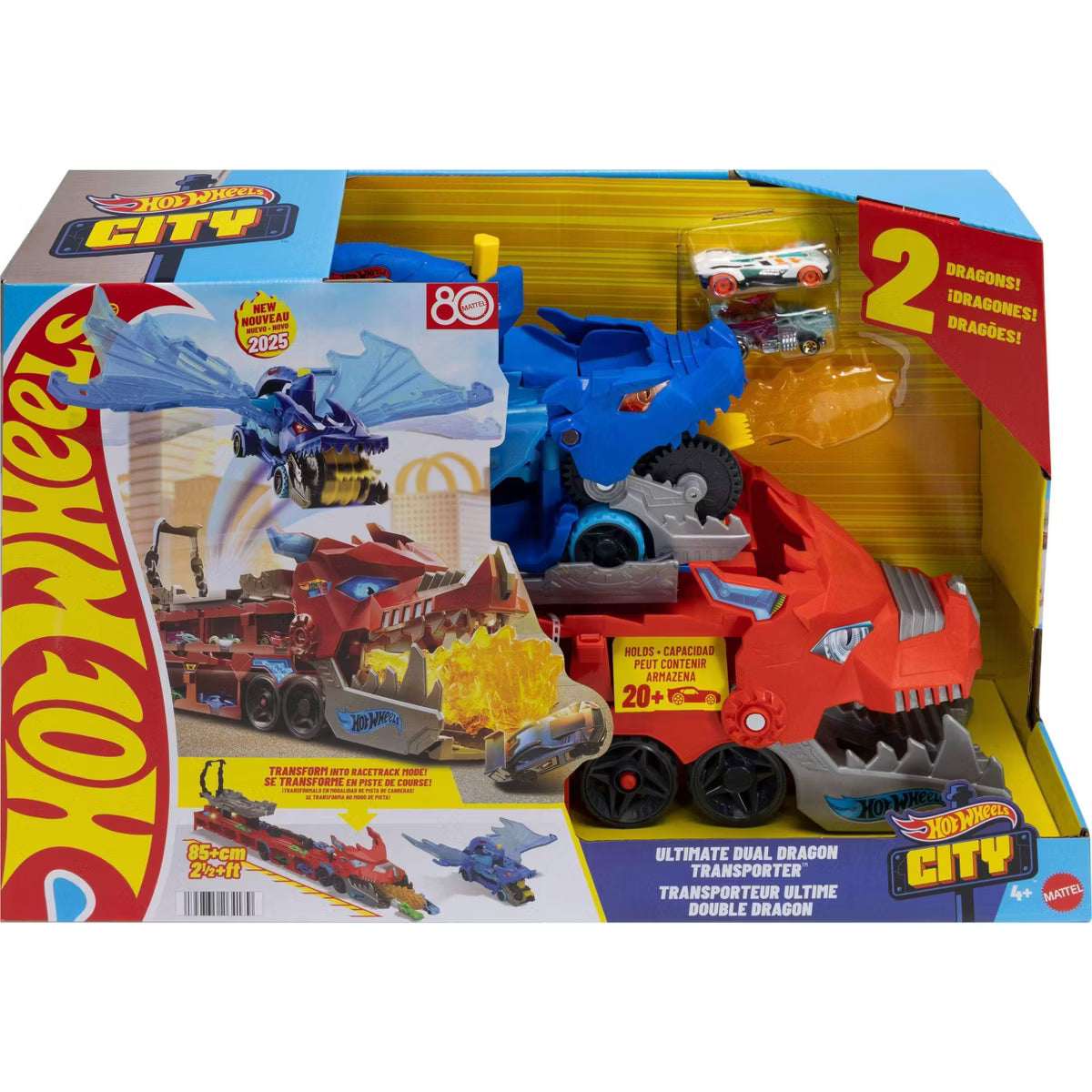 Hot Wheels City Ultimate Dual Dragon Transporter Playset with 2 Dragons and 2 Toy Cars, Transforming Launcher and Storage Carrier Toy