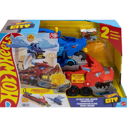 Hot Wheels City Ultimate Dual Dragon Transporter Playset with 2 Dragons and 2 Toy Cars, Transforming Launcher and Storage Carrier Toy