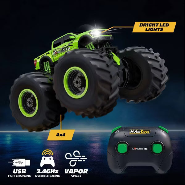 MotorDayz Dinomite Raptor RC Monster Truck, Green Remote Control Truck with Oversized Tires, Lights and Sounds, Kids Toy Vehicle