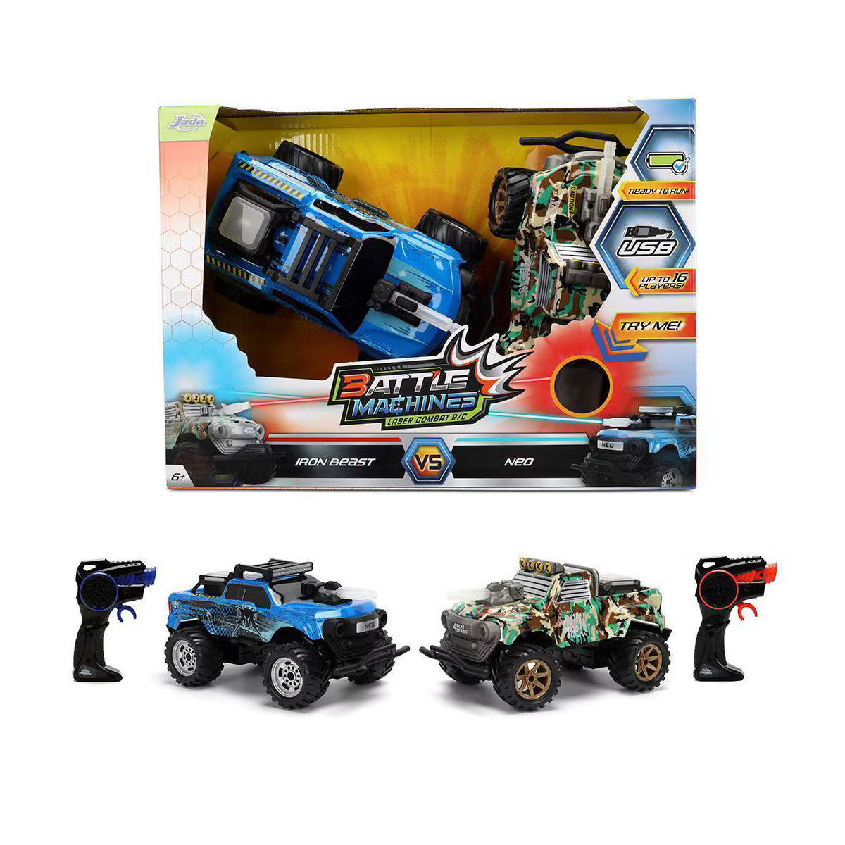 Jada Toys Battle Machines Laser Combat R/C Dual Vehicle Set, Iron Beast vs. Neo Remote Control Battle Trucks with Infrared Tag & USB Charging, Ages 6+