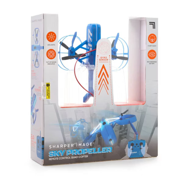 Sharper Image Sky Propeller Remote Control Quadcopter Drone, Rechargeable RC Airplane with Flight Assist, LED Lights & Blade Guards, Blue, Ages 14+