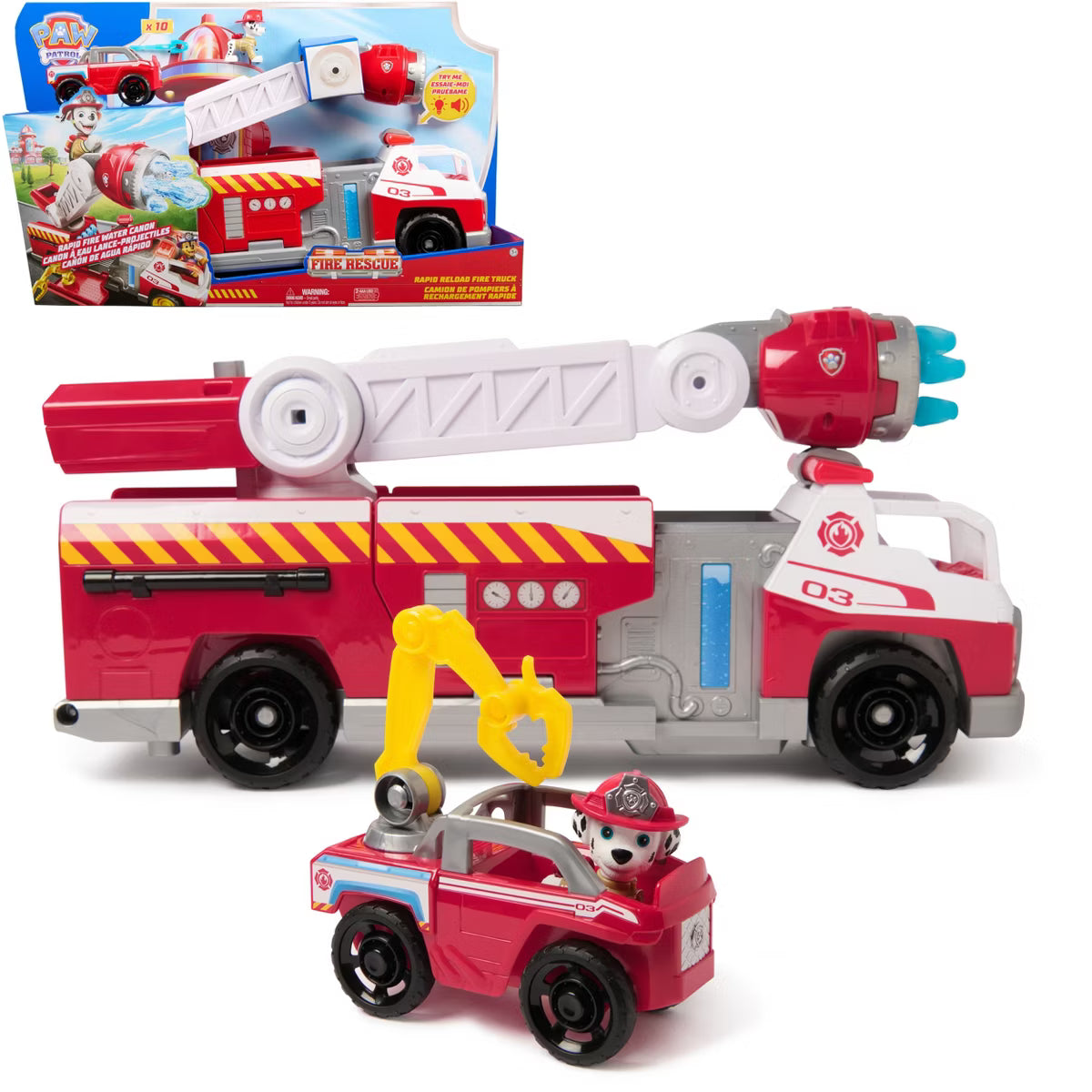 PAW Patrol Rapid Reload Fire Truck Toy with Marshall Figure, Rapid Fire Water Cannon, Extending Ladder, Lights and Sounds, Kids Ages 3 and Up