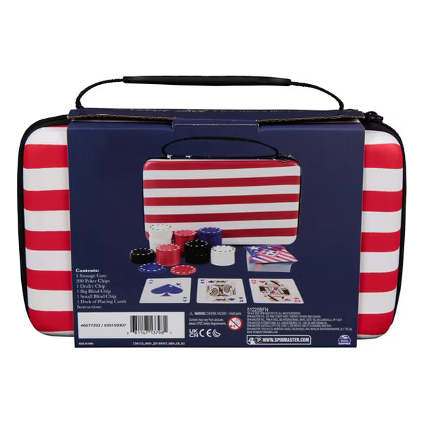 Classic Poker Set Red, White & Blue Collection, 200-Chip Travel Poker Game with Patriotic Stars Zippered Hard Case, Playing Cards & Dealer Buttons, Ages 10+