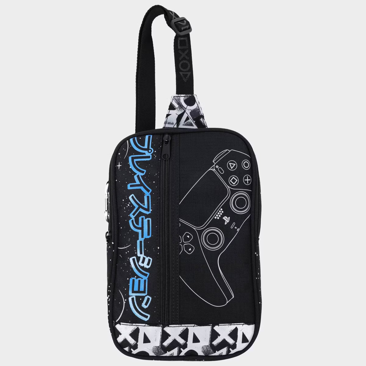 PlayStation PS5 DualSense Controller Sling Backpack, Official Sony Japanese Katakana Crossbody Travel Bag, Black, White and Neon Blue