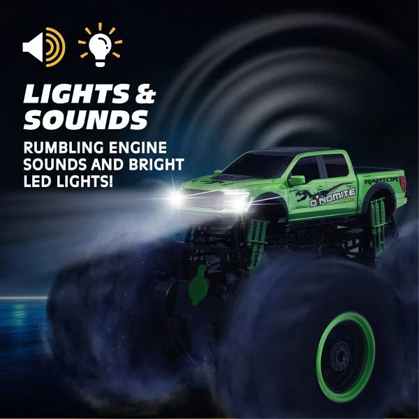 MotorDayz Dinomite Raptor RC Monster Truck, Green Remote Control Truck with Oversized Tires, Lights and Sounds, Kids Toy Vehicle
