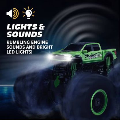 MotorDayz Dinomite Raptor RC Monster Truck, Green Remote Control Truck with Oversized Tires, Lights and Sounds, Kids Toy Vehicle