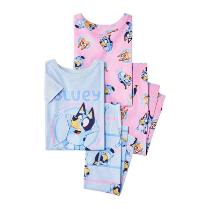 Bluey Toddler Girls 4-Piece Short Sleeve Pajama Set with Tops and Pants, Blue and Pink Character Print, Size 2T