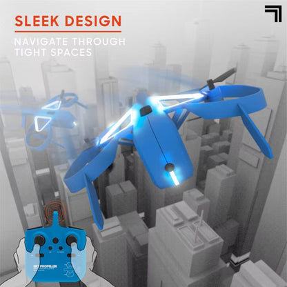 Sharper Image Sky Propeller Remote Control Quadcopter Drone, Rechargeable RC Airplane with Flight Assist, LED Lights & Blade Guards, Blue, Ages 14+