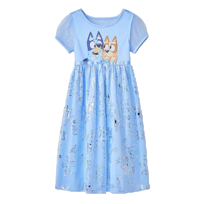 Bluey Girls' Short Sleeve Nightgown with Bluey and Bingo Graphic and Tulle Skirt, Light Blue, Toddler Sizes 3T 4T 5T