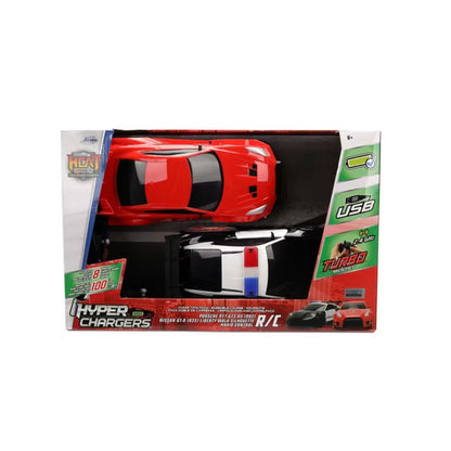 HyperChargers Heat Chase Twin Pack R/C Cars, Nissan GT-R (R35) Liberty Walk & Porsche 911 GT3 RS Police 1:24 Scale Remote Control Vehicles