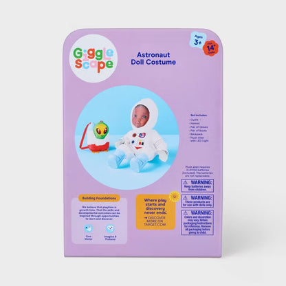 Gigglescape 14" Baby Doll Astronaut Costume Outfit, 8-Piece Space Suit Dress-Up Set with Boots, Gloves & Plush Alien, Fits 14-Inch Dolls, Ages 3+