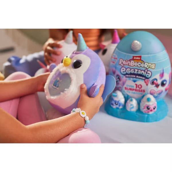 ZURU Rainbocorns Eggzania Frozen Mania Series Surprise Plush, Collectible Mystery Egg with Over 10 Surprises, Penguin Plush, Yolkies & DIY Jewelry, Ages 3+