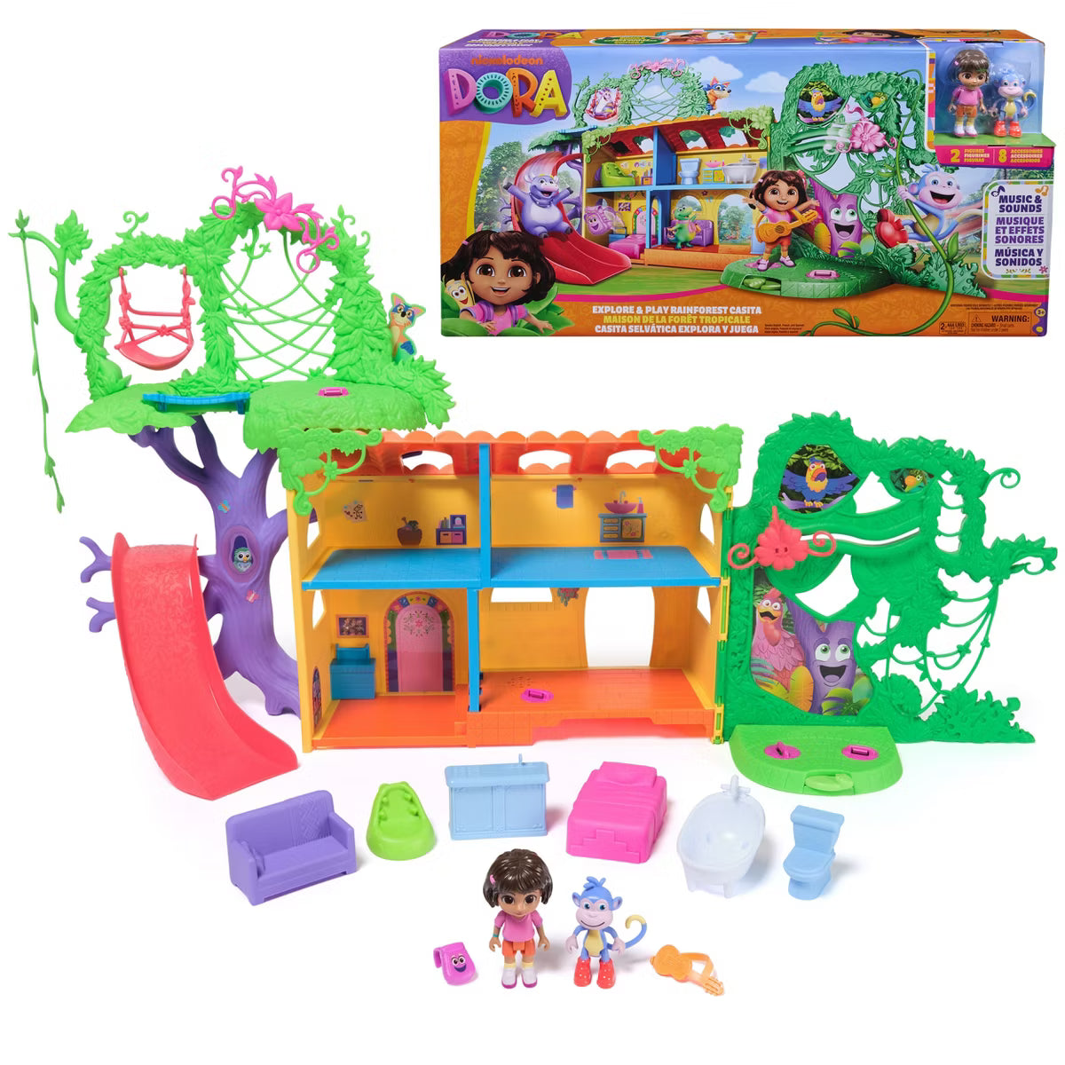 Dora Explore & Play Rainforest Casita Playset with Dora and Boots Figures, Bilingual Music and Sounds, 6 Furniture Pieces, Ages 3+