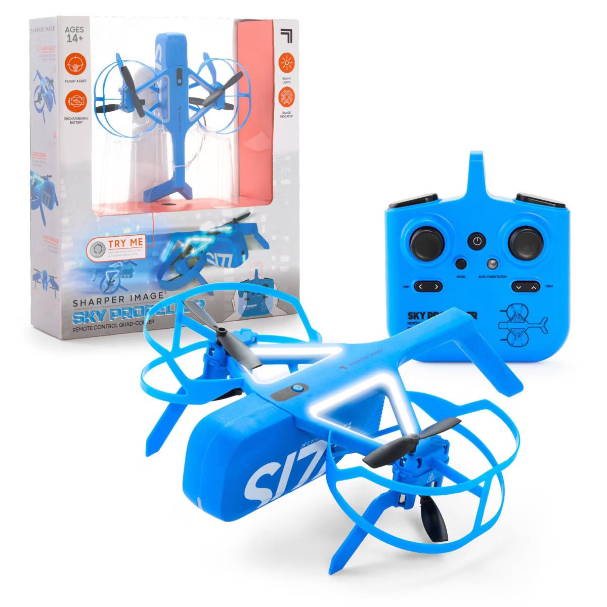 Sharper Image Sky Propeller Remote Control Quadcopter Drone, Rechargeable RC Airplane with Flight Assist, LED Lights & Blade Guards, Blue, Ages 14+
