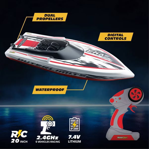 Motor Dayz Outerlimits RC Speed Boat with Remote Control, Red and White Toy Boat for Pool, Lake and Bathtub Play, Kids Ages Need Age